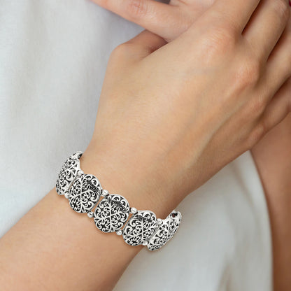 Stainless Steel Antiqued And Polished Oval Stretch Bracelet
