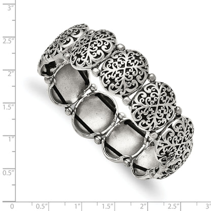 Stainless Steel Antiqued And Polished Oval Stretch Bracelet