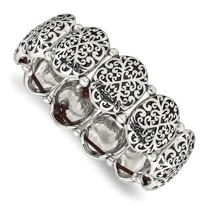 Stainless Steel Antiqued And Polished Oval Stretch Bracelet