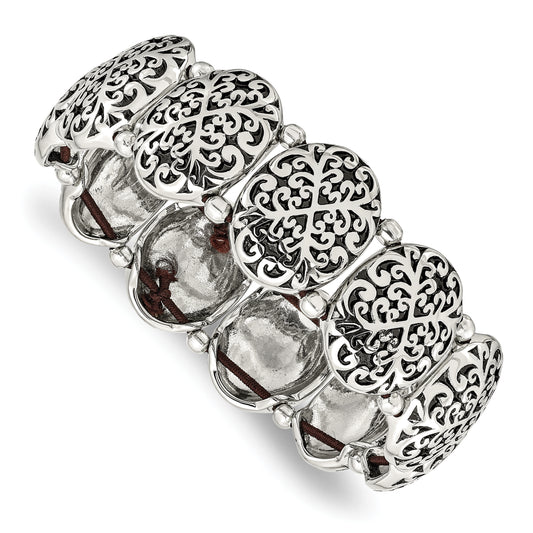 Stainless Steel Antiqued And Polished Oval Stretch Bracelet
