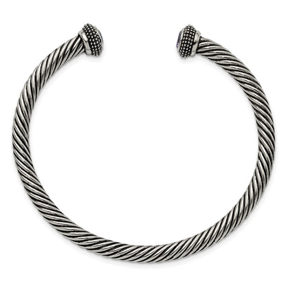 Stainless Steel Chisel Antiqued And Polished With Purple Cz Twisted Cuff Bangle