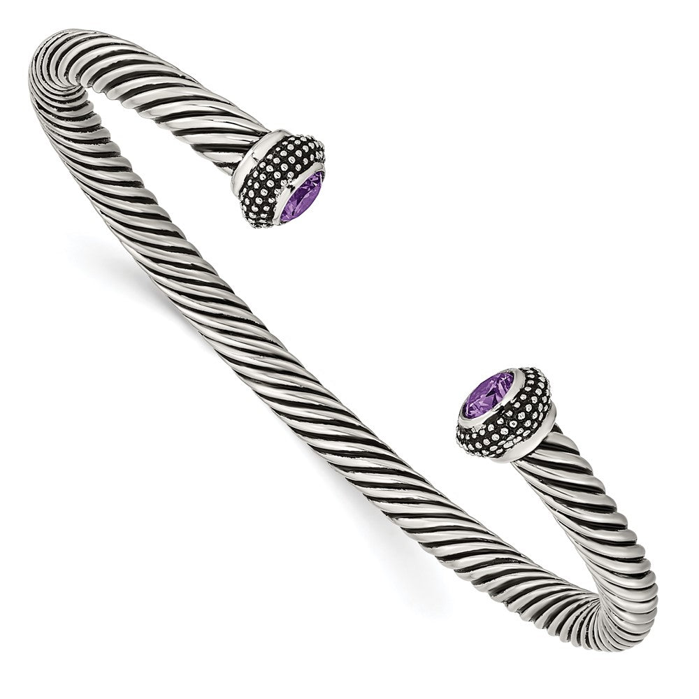 Stainless Steel Chisel Antiqued And Polished With Purple Cz Twisted Cuff Bangle