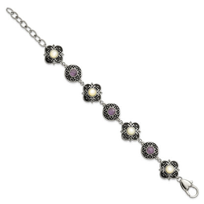 9 Inch Stainless Steel Polished & Antiqued Mother Of Pearl Purple Glass W/ 1.5In Ext Bracelet