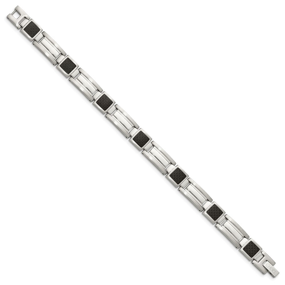 Stainless Steel Chisel Polished With Black Carbon Fiber Inlay 8.75 Inch Link Bracelet