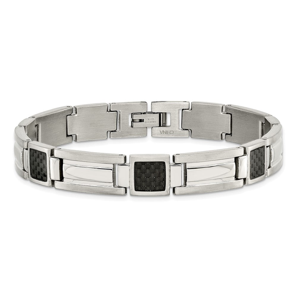 Stainless Steel Chisel Polished With Black Carbon Fiber Inlay 8.75 Inch Link Bracelet