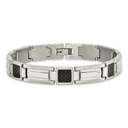 Stainless Steel Chisel Polished With Black Carbon Fiber Inlay 8.75 Inch Link Bracelet
