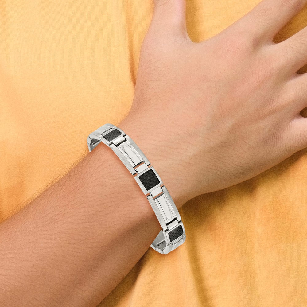 Stainless Steel Chisel Polished With Black Carbon Fiber Inlay 8.75 Inch Link Bracelet