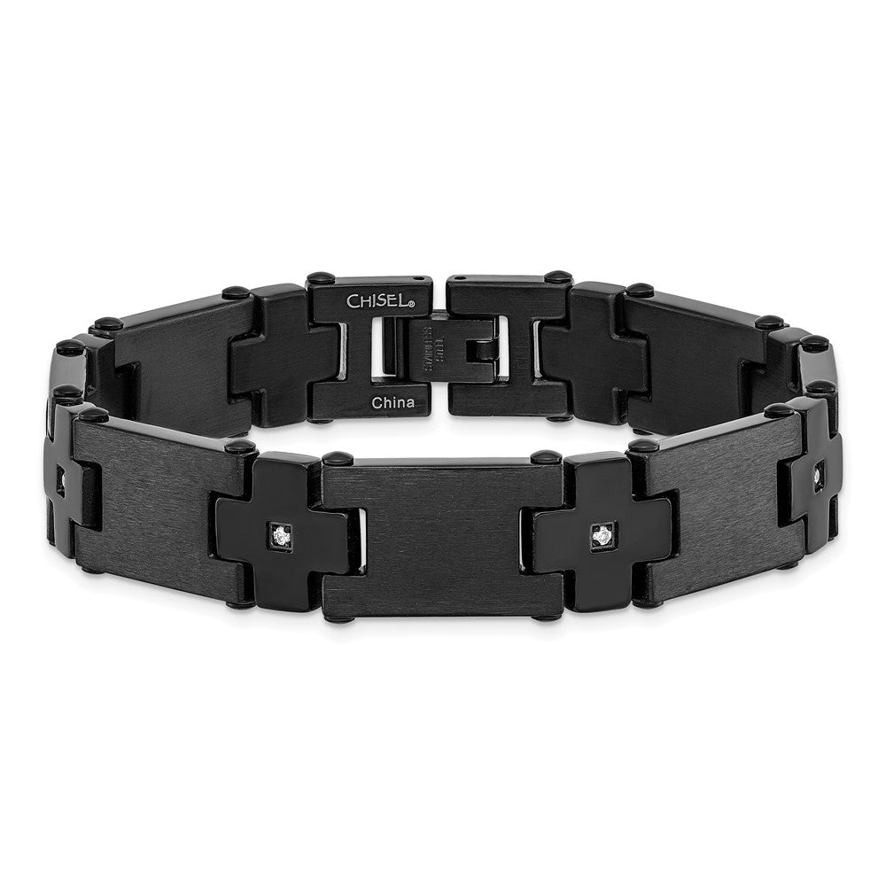Stainless Steel Chisel Brushed And Polished Black Ip-Plated With Cz 8.25 Inch Link Bracelet