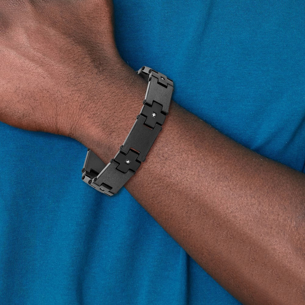 Stainless Steel Chisel Brushed And Polished Black Ip-Plated With Cz 8.25 Inch Link Bracelet