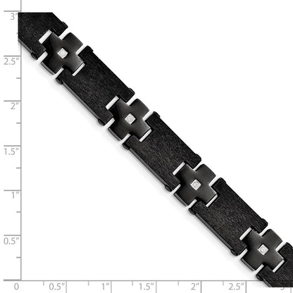 Stainless Steel Chisel Brushed And Polished Black Ip-Plated With Cz 8.25 Inch Link Bracelet