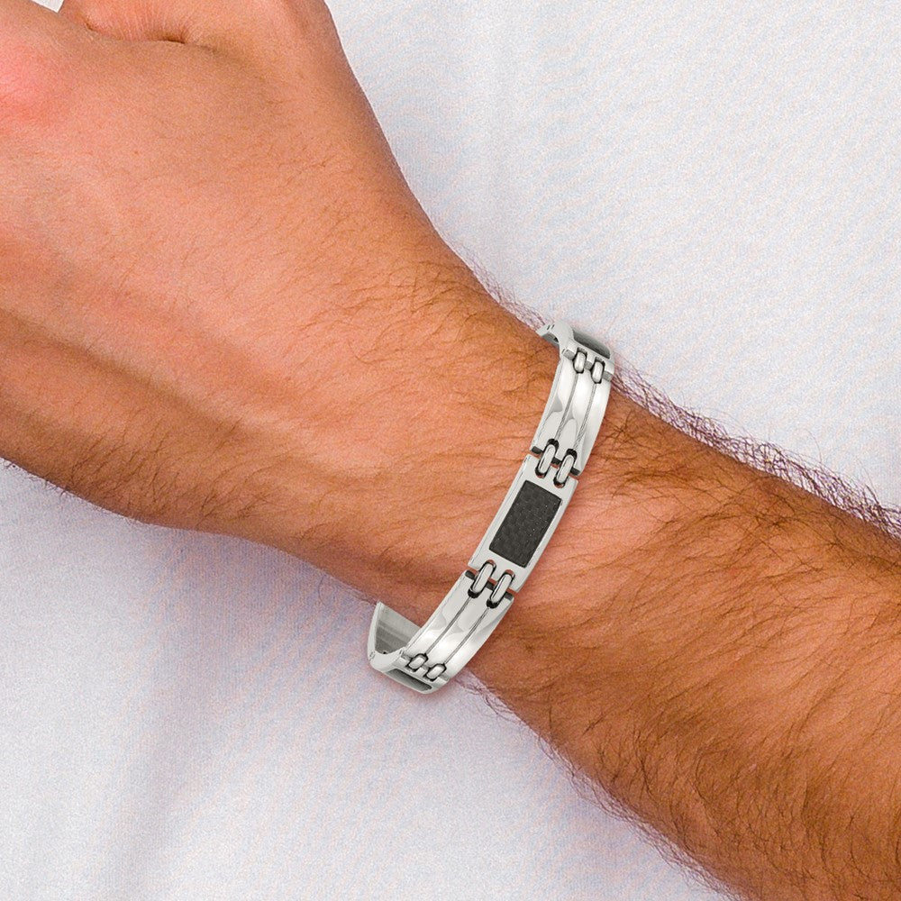 Stainless Steel Chisel Brushed And Polished With Black Carbon Fiber Inlay 8.5 Inch Link Bracelet