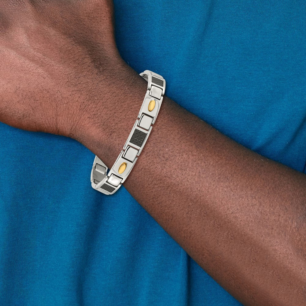 9.5 Inch Chisel Stainless Steel Polished Yellow Ip-Plated With Black Carbon Fiber Inlay 8.5 Link Bracelet