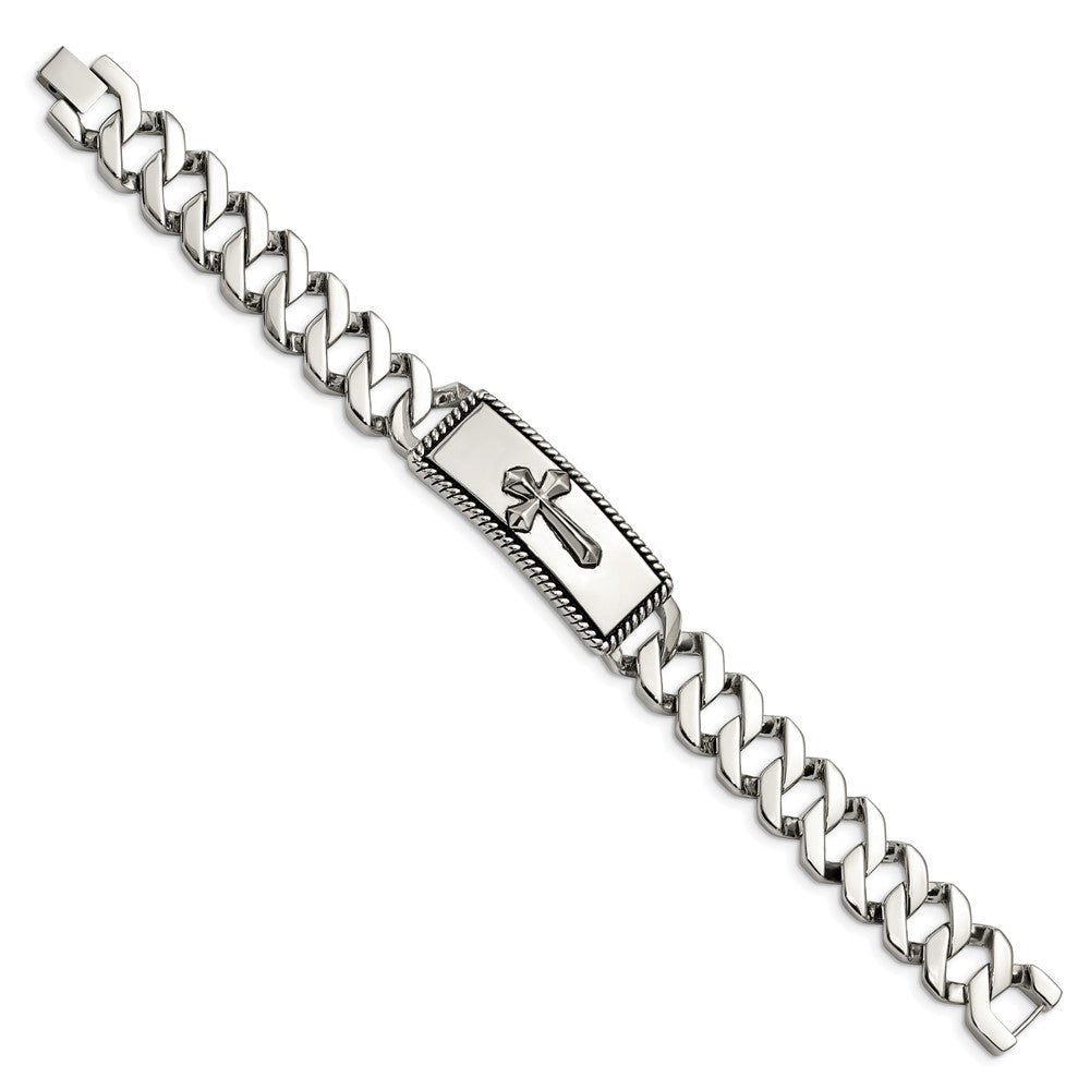 Stainless Steel Chisel Antiqued Polished And Textured 8.5 Inch Cross Id Bracelet