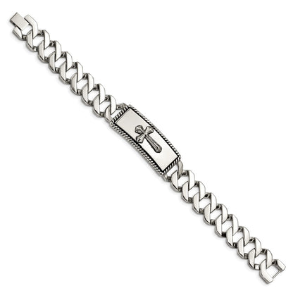 Stainless Steel Chisel Antiqued Polished And Textured 8.5 Inch Cross Id Bracelet