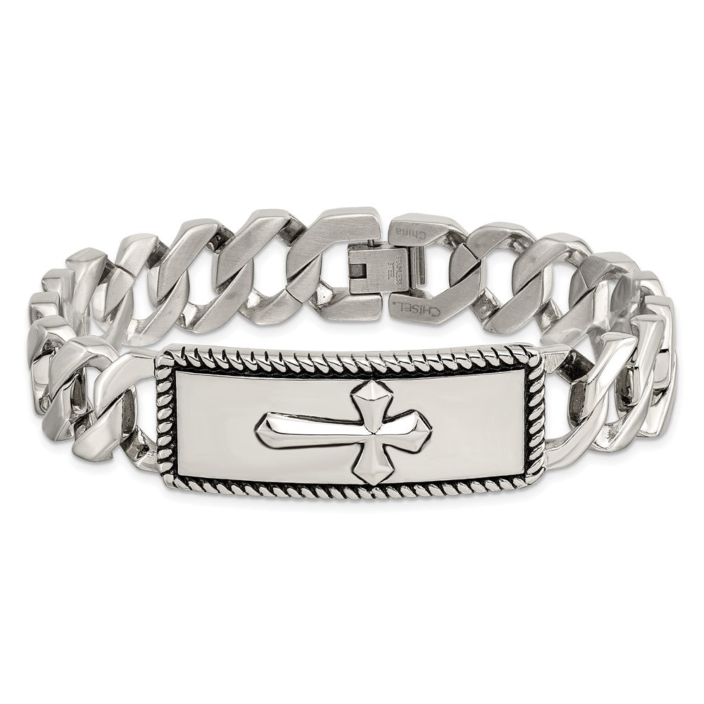 Stainless Steel Chisel Antiqued Polished And Textured 8.5 Inch Cross Id Bracelet