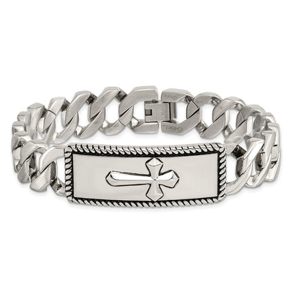 Stainless Steel Chisel Antiqued Polished And Textured 8.5 Inch Cross Id Bracelet