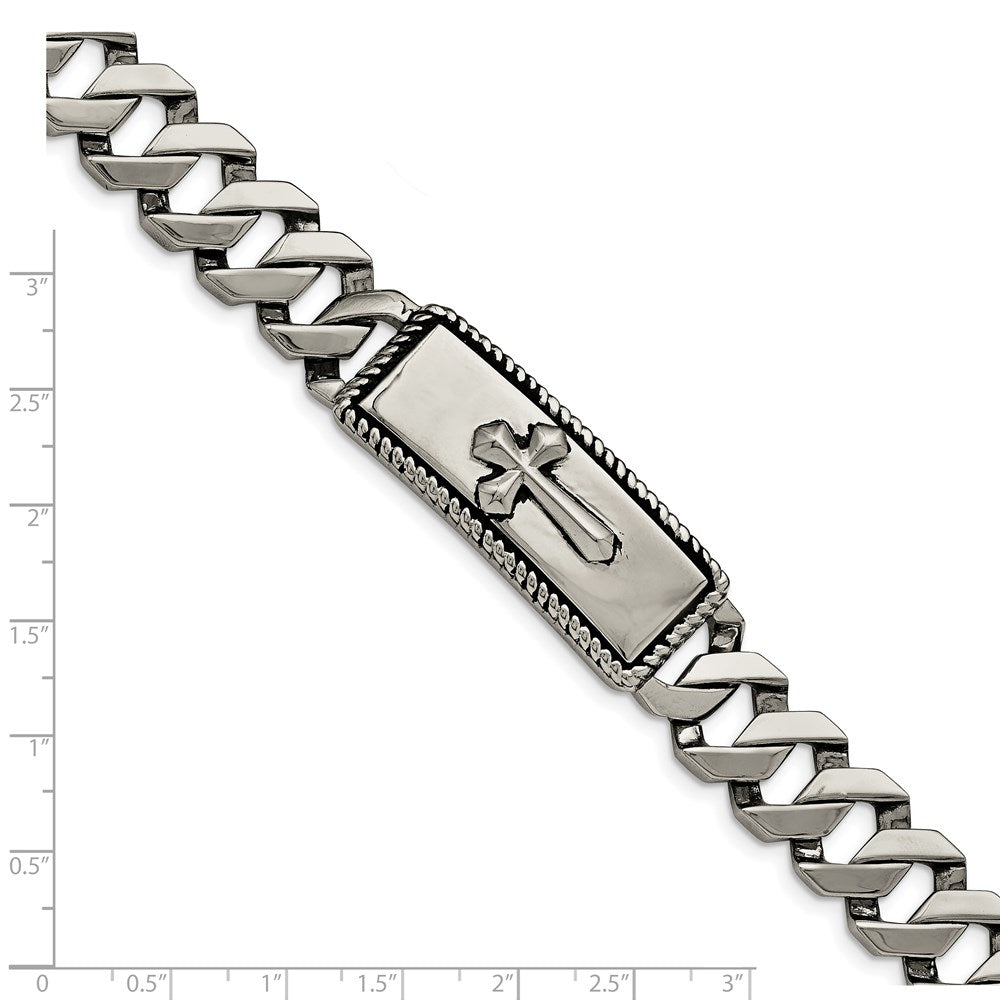 Stainless Steel Chisel Antiqued Polished And Textured 8.5 Inch Cross Id Bracelet