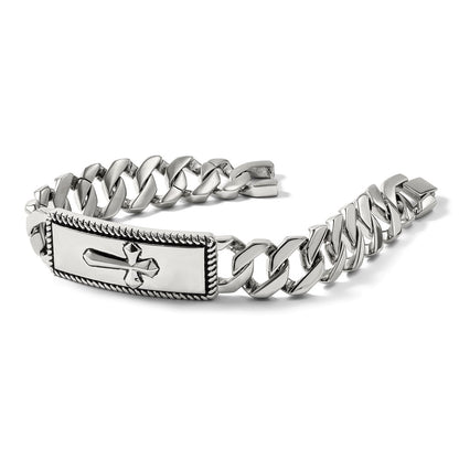 Stainless Steel Chisel Antiqued Polished And Textured 8.5 Inch Cross Id Bracelet