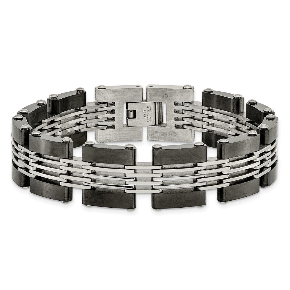 Stainless Steel Chisel Brushed And Polished Black Ip-Plated 8 Inch Link Bracelet