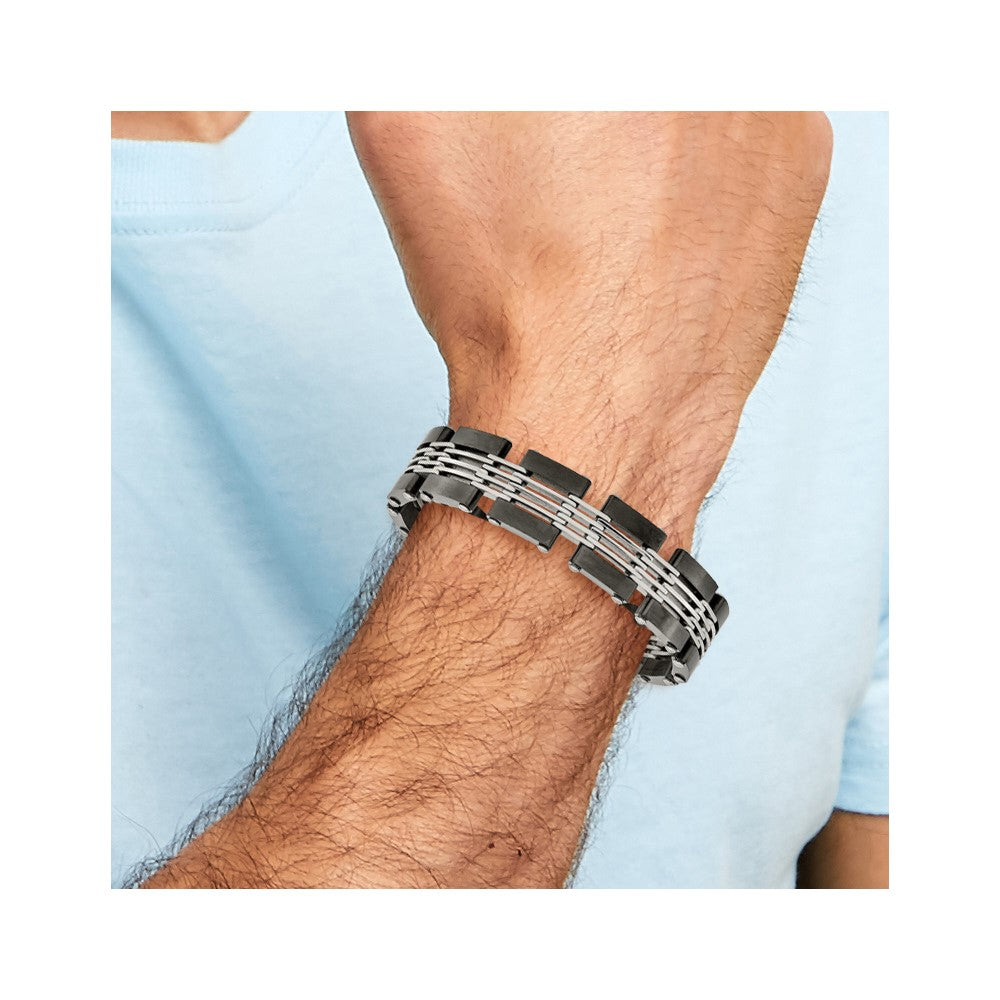 Stainless Steel Chisel Brushed And Polished Black Ip-Plated 8 Inch Link Bracelet