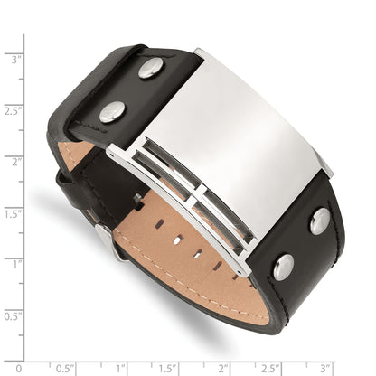 9.25 Inch Stainless Steel Polished Black Leather Adjustable Buckle 9.25In Bracelet