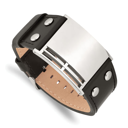 9.25 Inch Stainless Steel Polished Black Leather Adjustable Buckle 9.25In Bracelet