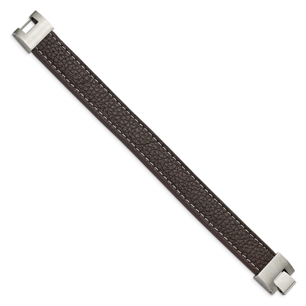 8 Inch Stainless Steel Polished Brown Leather 8In Bracelet