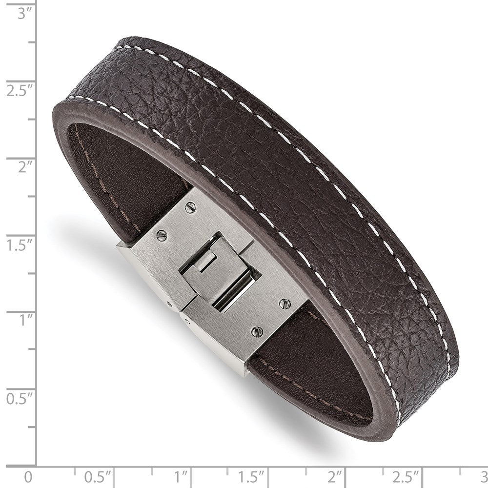 8 Inch Stainless Steel Polished Brown Leather 8In Bracelet
