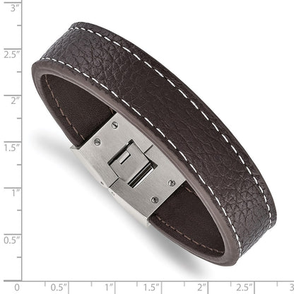 8 Inch Stainless Steel Polished Brown Leather 8In Bracelet