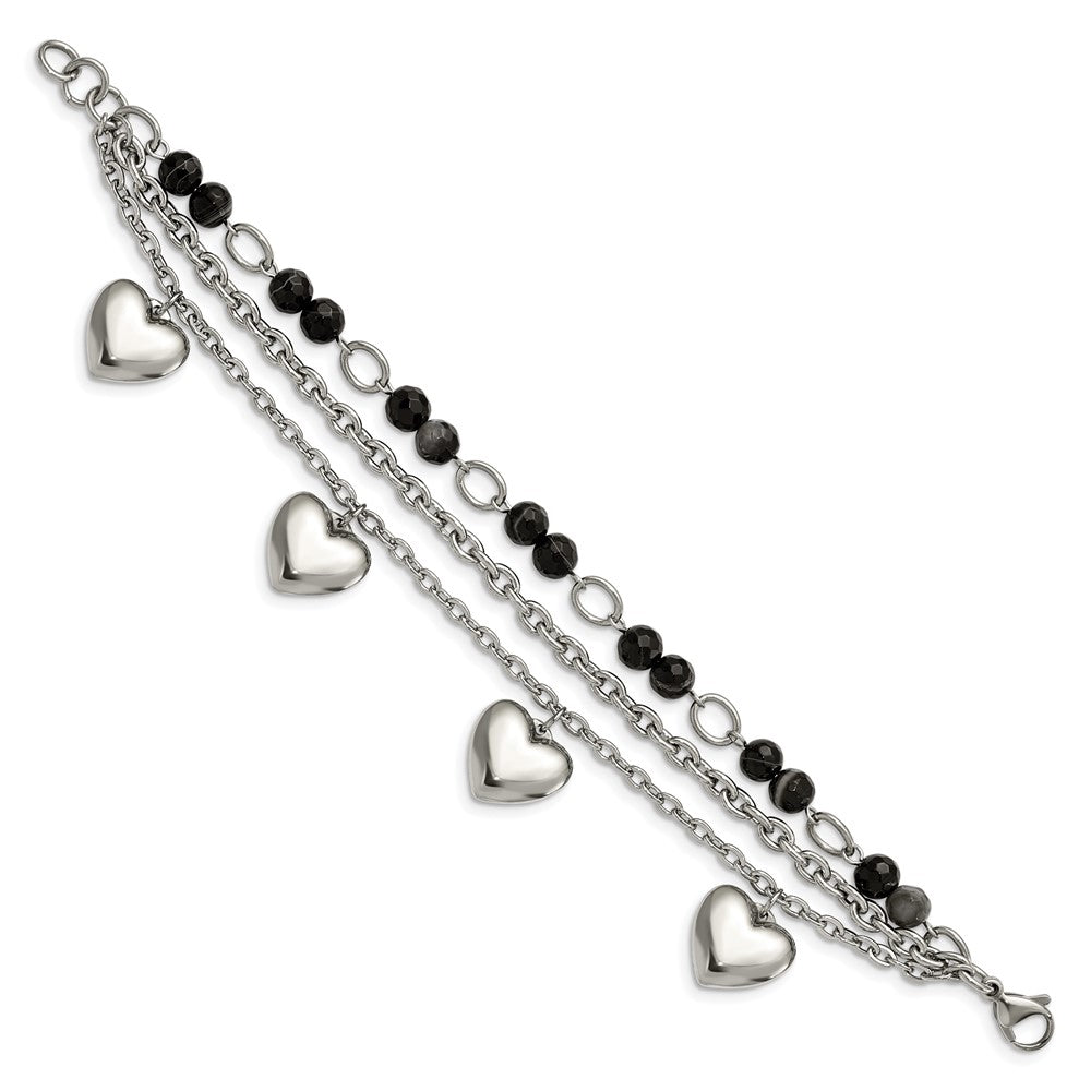 7.5 Inch Stainless Steel Polished W/Black & White Agate W/Hearts 7.5In Bracelet