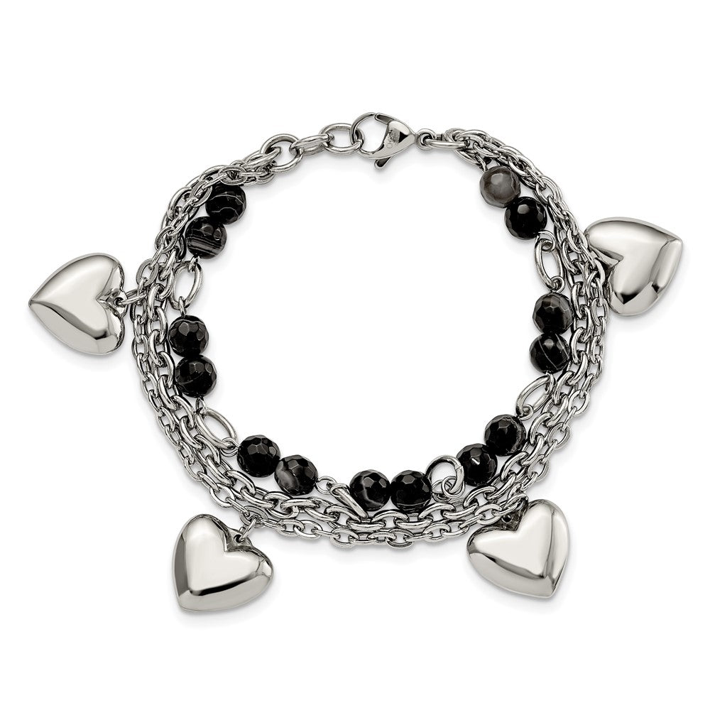 7.5 Inch Stainless Steel Polished W/Black & White Agate W/Hearts 7.5In Bracelet
