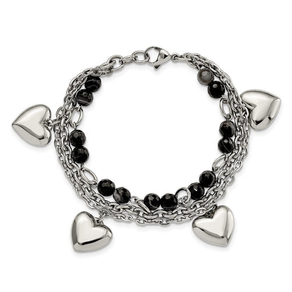 7.5 Inch Stainless Steel Polished W/Black & White Agate W/Hearts 7.5In Bracelet