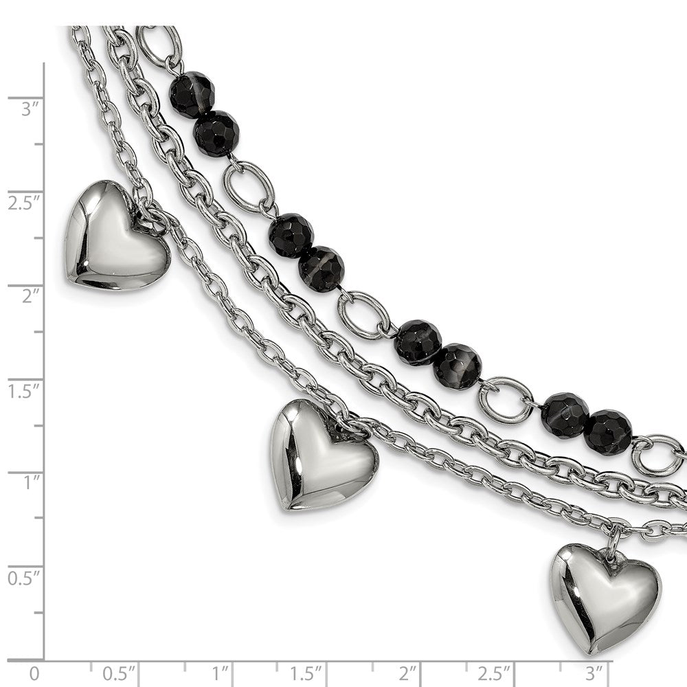 7.5 Inch Stainless Steel Polished W/Black & White Agate W/Hearts 7.5In Bracelet