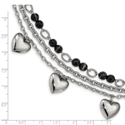 7.5 Inch Stainless Steel Polished W/Black & White Agate W/Hearts 7.5In Bracelet