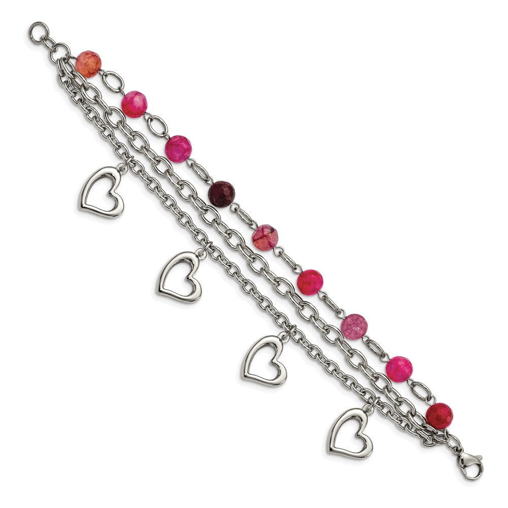 7.75 Inch Stainless Steel Polished W/Pink Agate And Hearts 7.75In Bracelet