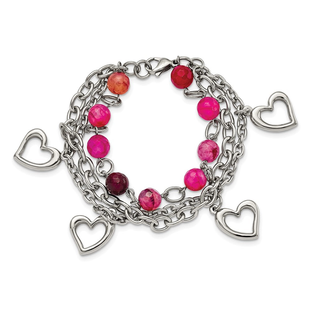 7.75 Inch Stainless Steel Polished W/Pink Agate And Hearts 7.75In Bracelet