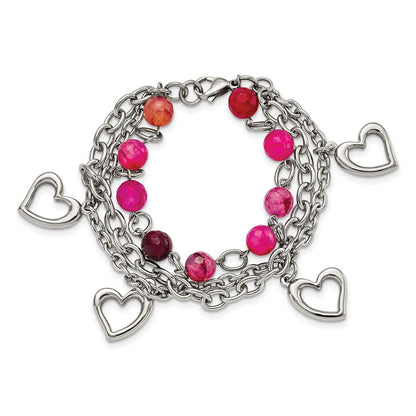 7.75 Inch Stainless Steel Polished W/Pink Agate And Hearts 7.75In Bracelet