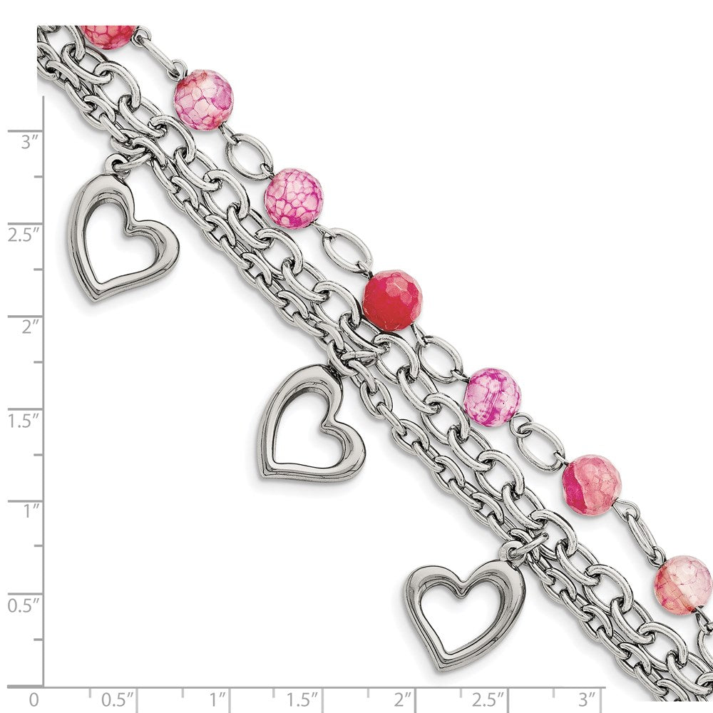 7.75 Inch Stainless Steel Polished W/Pink Agate And Hearts 7.75In Bracelet