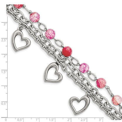 7.75 Inch Stainless Steel Polished W/Pink Agate And Hearts 7.75In Bracelet