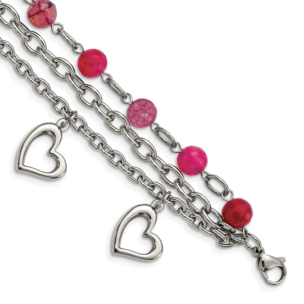 7.75 Inch Stainless Steel Polished W/Pink Agate And Hearts 7.75In Bracelet
