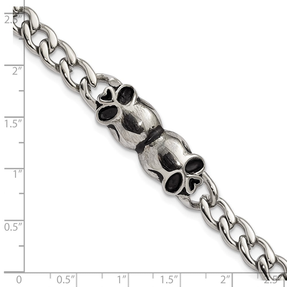 7.75 Inch Stainless Steel Polished And Antiqued Skulls Link Bracelet