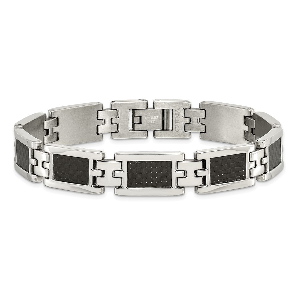 9.25 Inch Chisel Stainless Steel Polished With Black Carbon Fiber Inlay 9 Link Bracelet