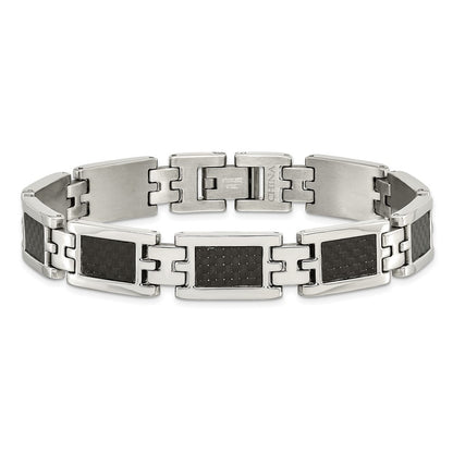 9.25 Inch Chisel Stainless Steel Polished With Black Carbon Fiber Inlay 9 Link Bracelet