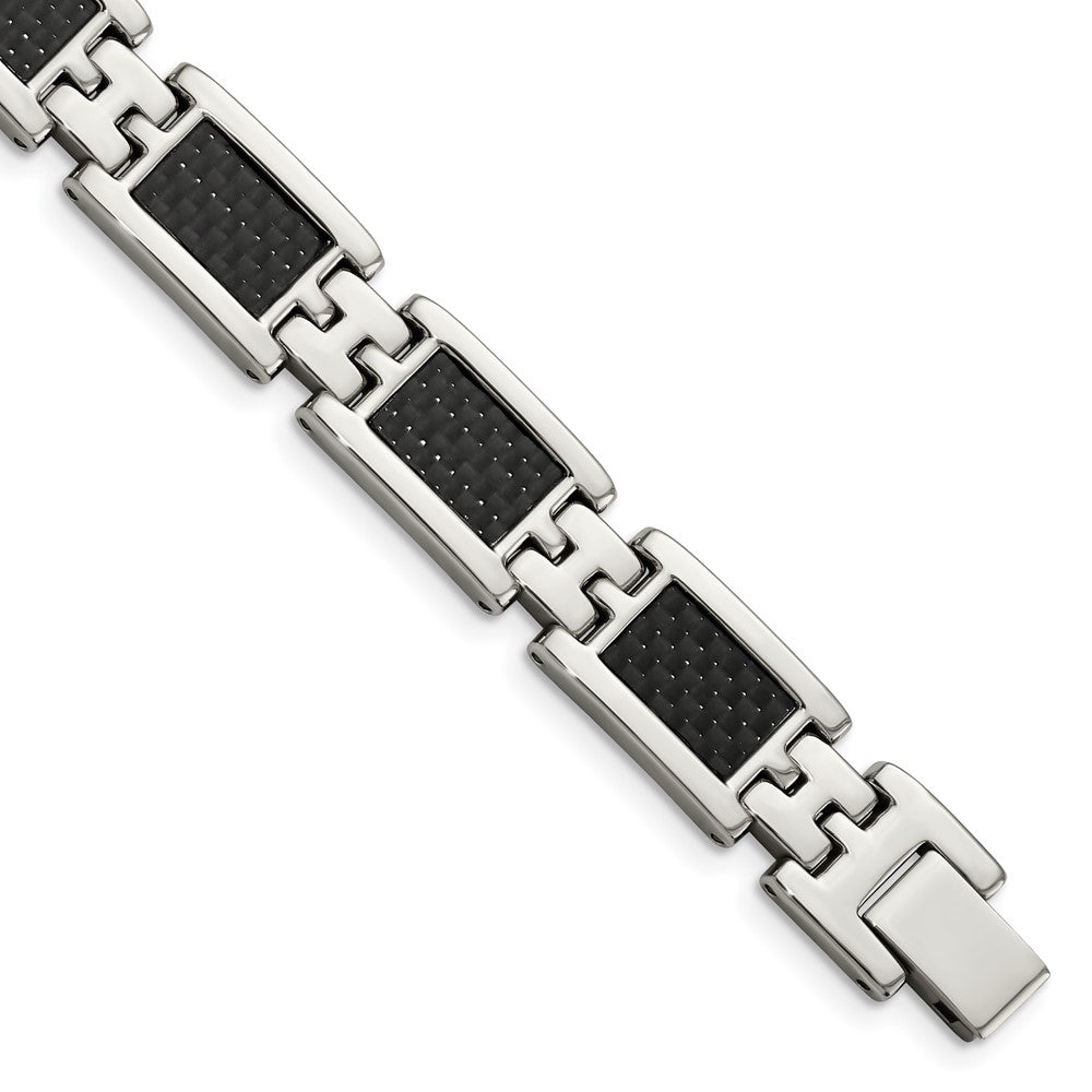 9.25 Inch Chisel Stainless Steel Polished With Black Carbon Fiber Inlay 9 Link Bracelet