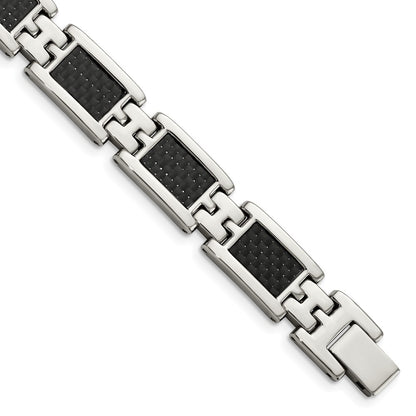 9.25 Inch Chisel Stainless Steel Polished With Black Carbon Fiber Inlay 9 Link Bracelet