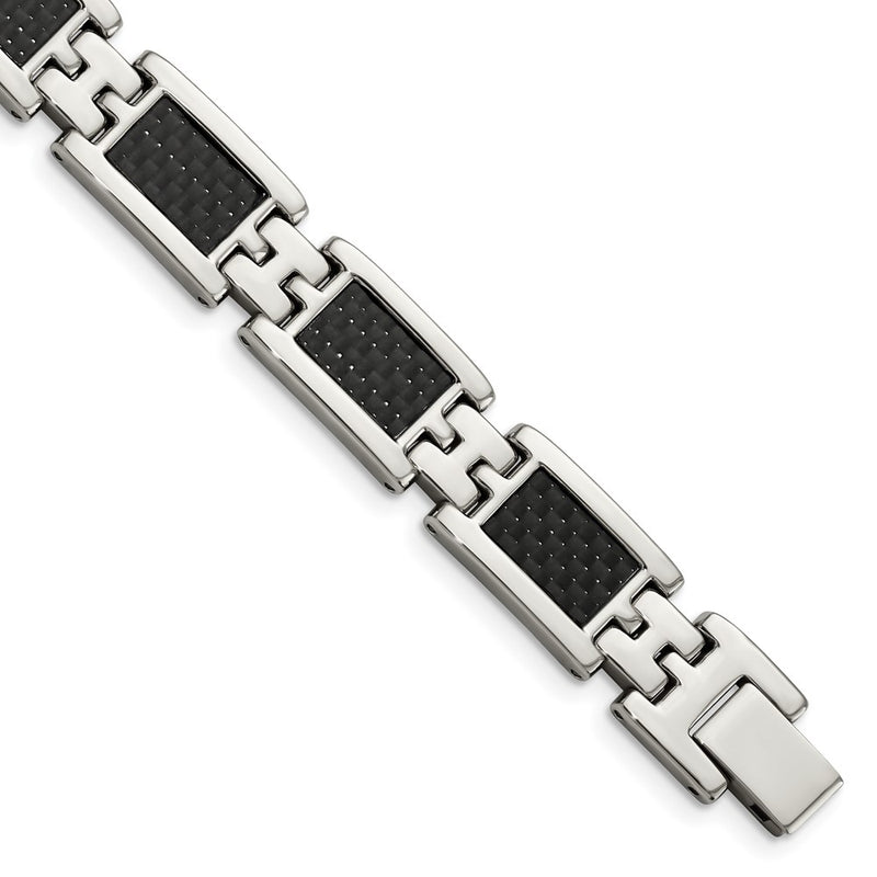 9.25 Inch Chisel Stainless Steel Polished With Black Carbon Fiber Inlay 9 Link Bracelet