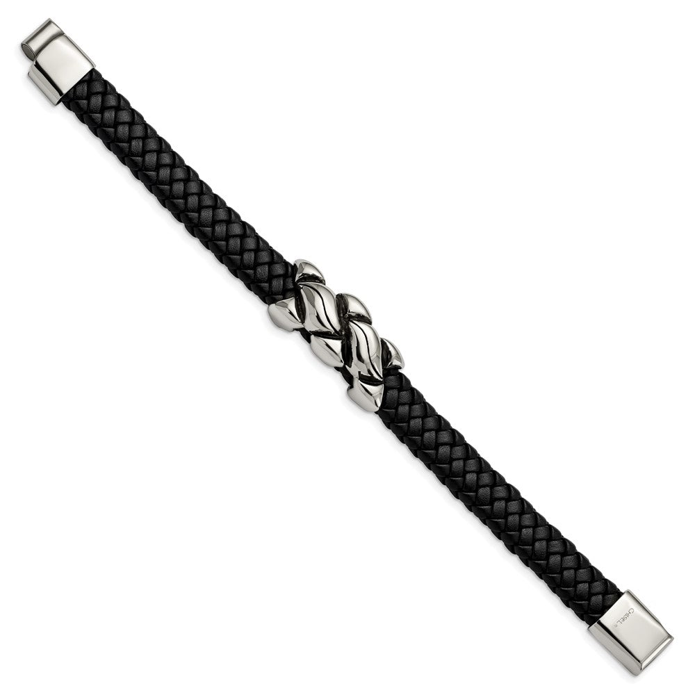 8.25 Inch Stainless Steel Antiqued And Polished Black Leather 8.25In Bracelet