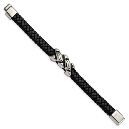 8.25 Inch Stainless Steel Antiqued And Polished Black Leather 8.25In Bracelet