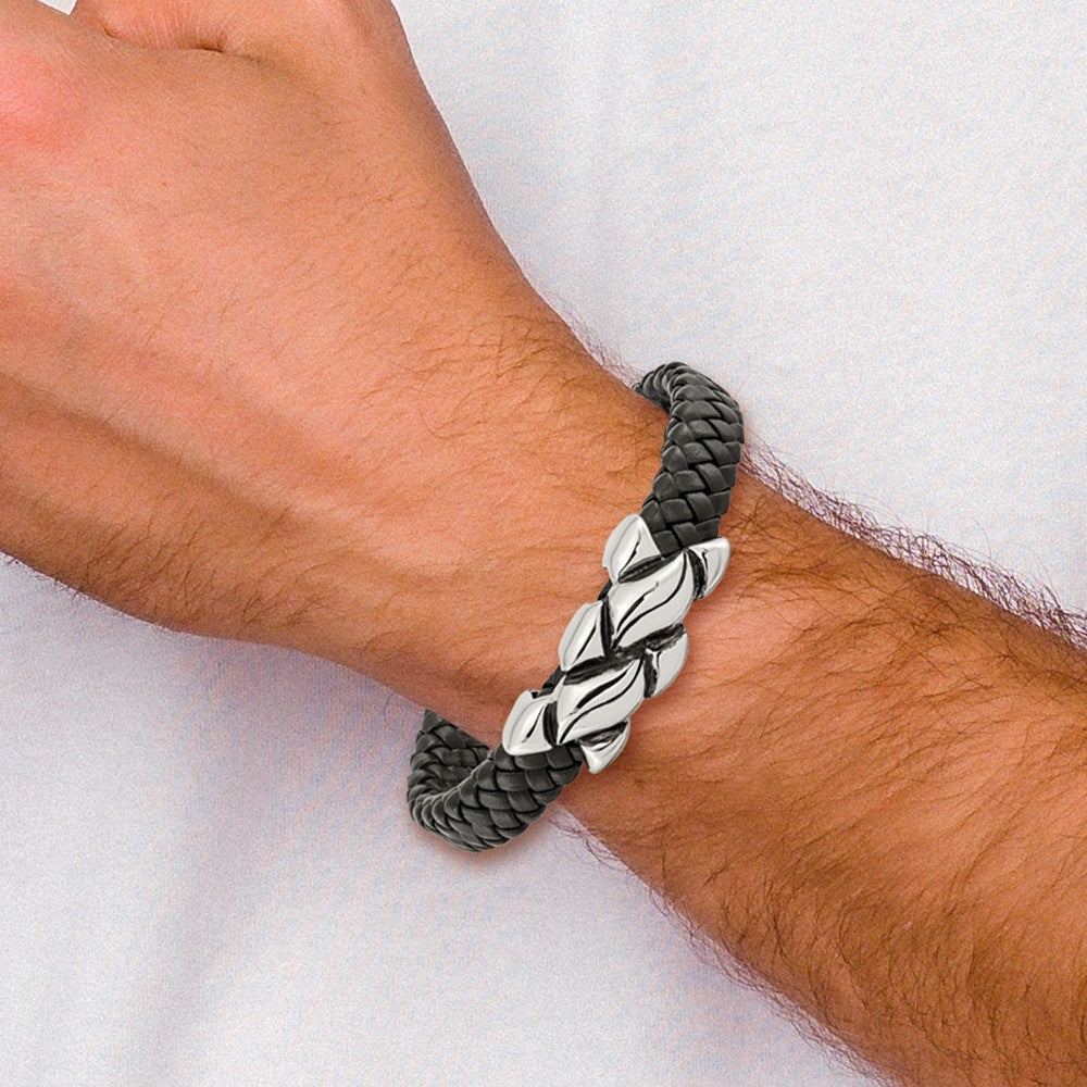 8.25 Inch Stainless Steel Antiqued And Polished Black Leather 8.25In Bracelet