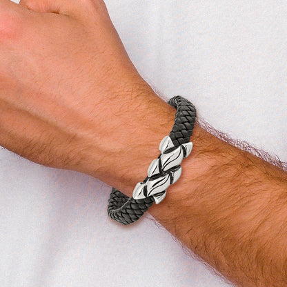 8.25 Inch Stainless Steel Antiqued And Polished Black Leather 8.25In Bracelet